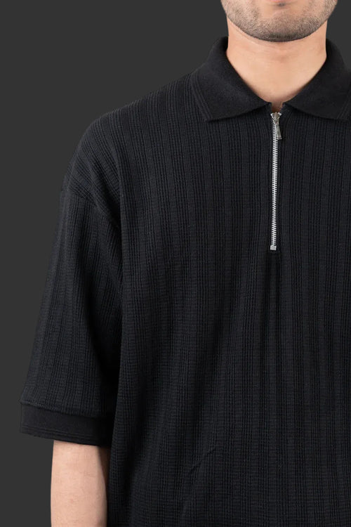 Black Boxy Fit Signature Knited Zip Polo