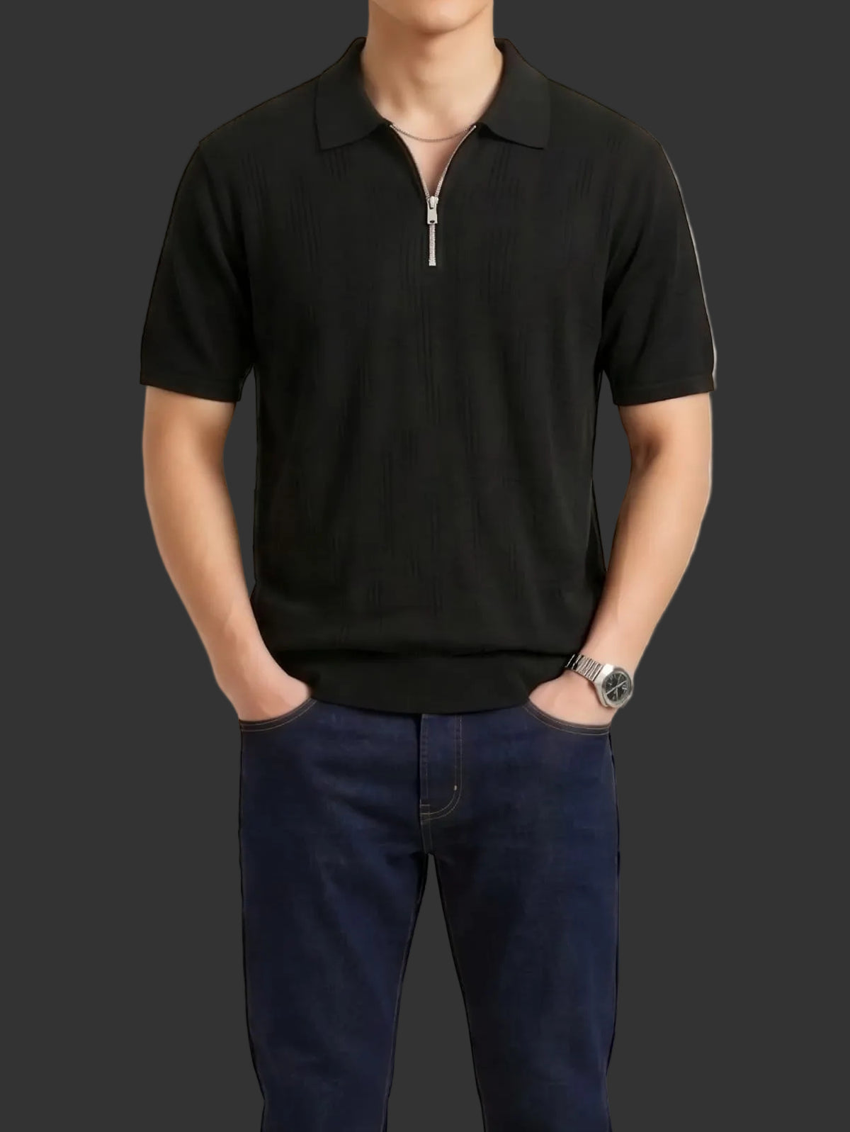 Black Boxy Fit Signature Knited Zip Polo